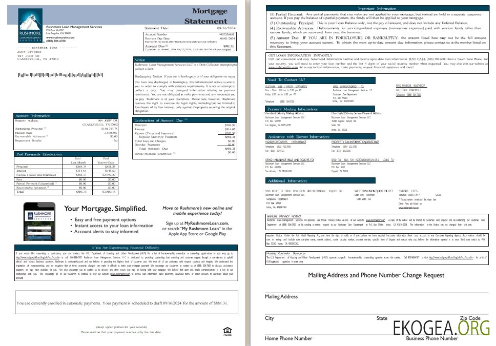 États , Unis Californie Rushmore Loan Management Services LLC relevé hypothécaire, 3 pages, 1, 2 scr